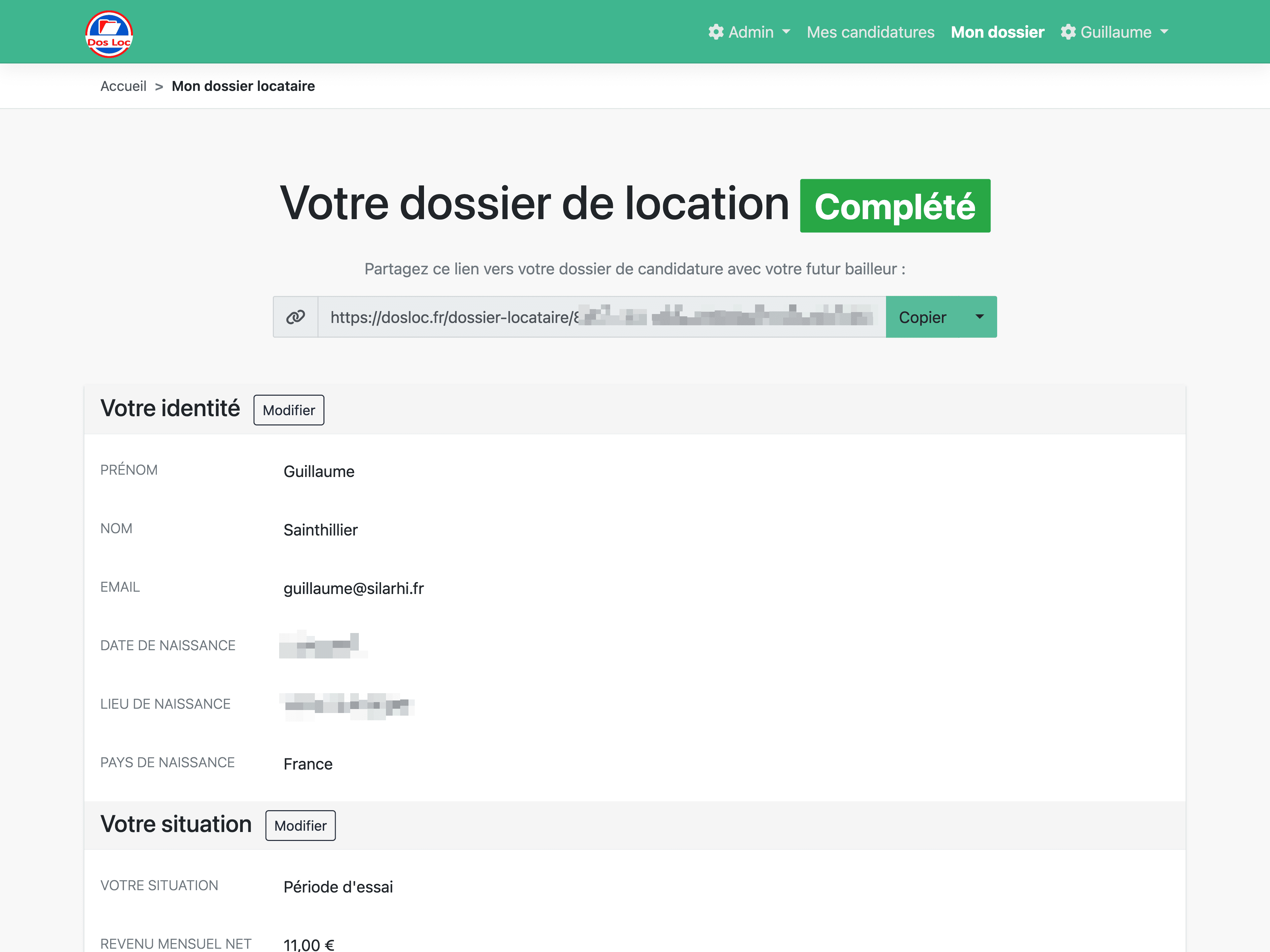 Application Web de dossiers de candidature locative